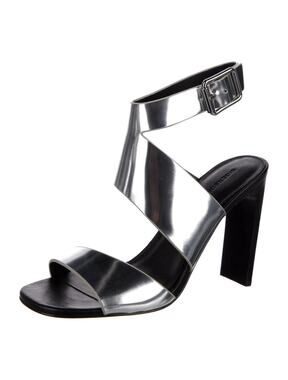 Sigerson Morrison Silver Metallic Leather Ankle Strap Block Heel Sandals 7.5